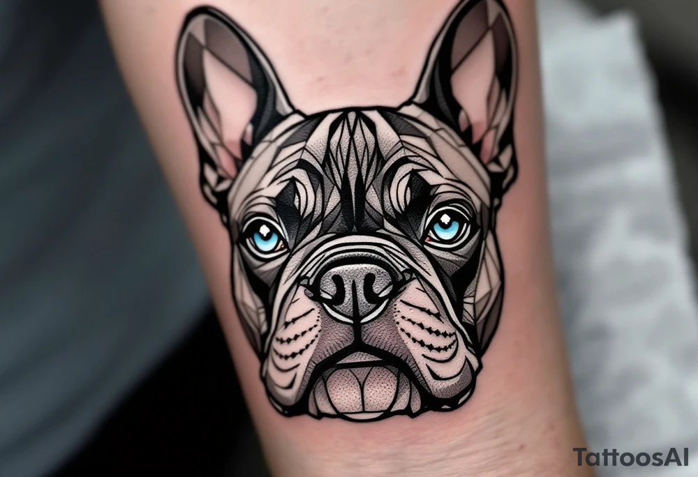 Geometric-style French Bulldog face, composed of sharp black and gray lines with light blue shading in the eyes. tattoo idea