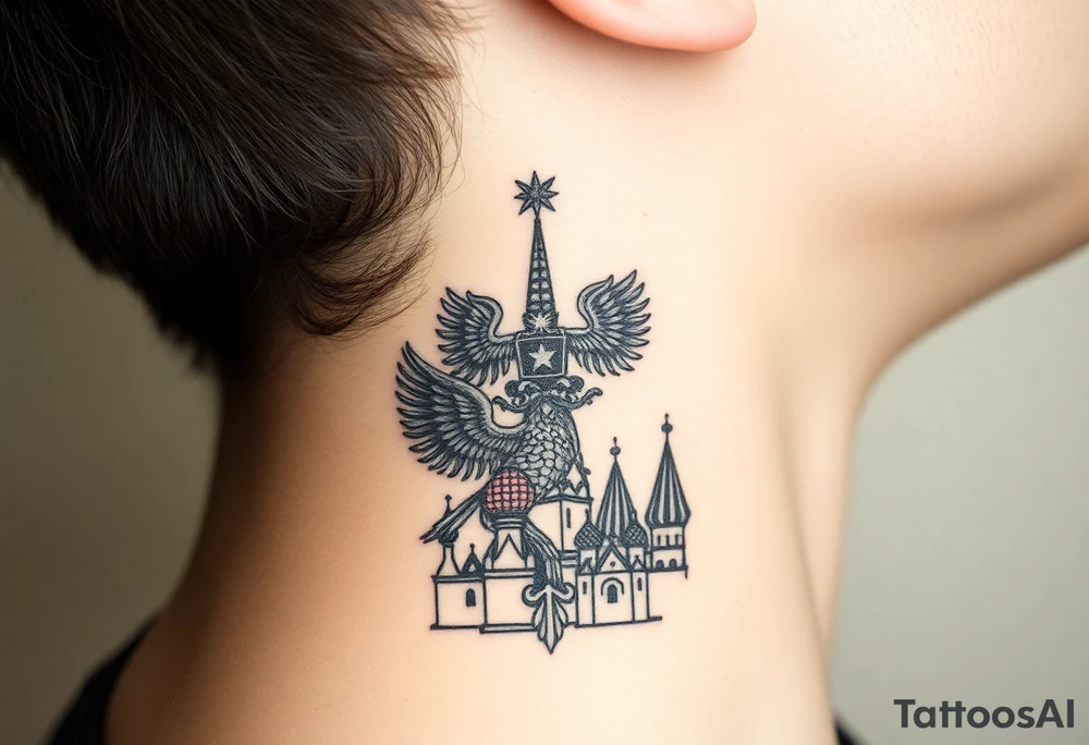 St. George, 3 russian imperial crowns above the Russian coat of arms double eagle and sitting above its wingspan sitting just above Kremlin or St. Basil's Cathedral scene  on the side of my neck tattoo idea