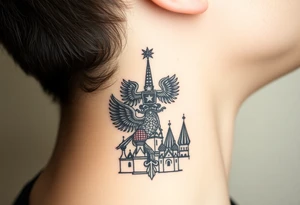 St. George, 3 russian imperial crowns above the Russian coat of arms double eagle and sitting above its wingspan sitting just above Kremlin or St. Basil's Cathedral scene  on the side of my neck tattoo idea