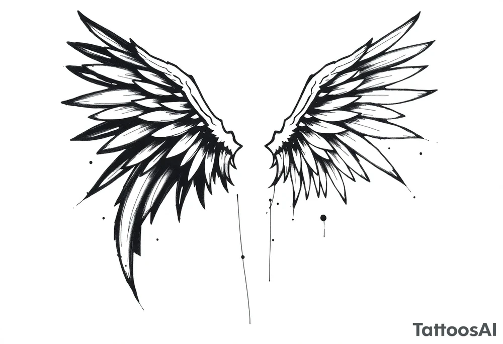 the wings go up

This tattoo design features a pair symmetrical angel wings drawn in black ink with a rough, sketch-like style. The left wing is darker, more defined, and appears denser, while the right wing is lighter, more delicate, and fragmented, creating a contrast between the two. The feathers are sharp and irregular, with fine lines and stray strokes extending outward, adding a raw and artistic feel. The overall look is dynamic and slightly chaotic, giving the impression of movement or an unfinished, ethereal form. This design symbolizes duality, freedom, transformation, or even struggle, making it a meaningful and visually striking tattoo. tattoo idea