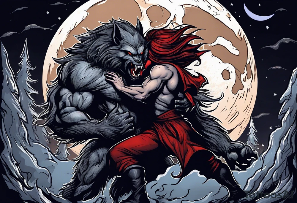 Muscular werewolf fighting a vampire under the moon tattoo idea
