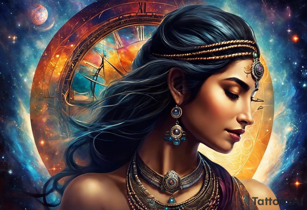 I want the sleeve to be about time space continuum, purpose, desire and ambition linked to it. I want the concept to me about how Miniscule we are in this universe but how we feel big and lose perspective and a sense of purpose. I also want Shiva to be added to the tattoo as shiva is considered the destroyer which scientifically goes back to big bang. SO create a tattoo for me in geometric design for my whole right arm tattoo idea