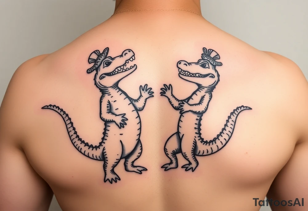 cartoon Mardi gras alligators standing up and dancing tattoo idea