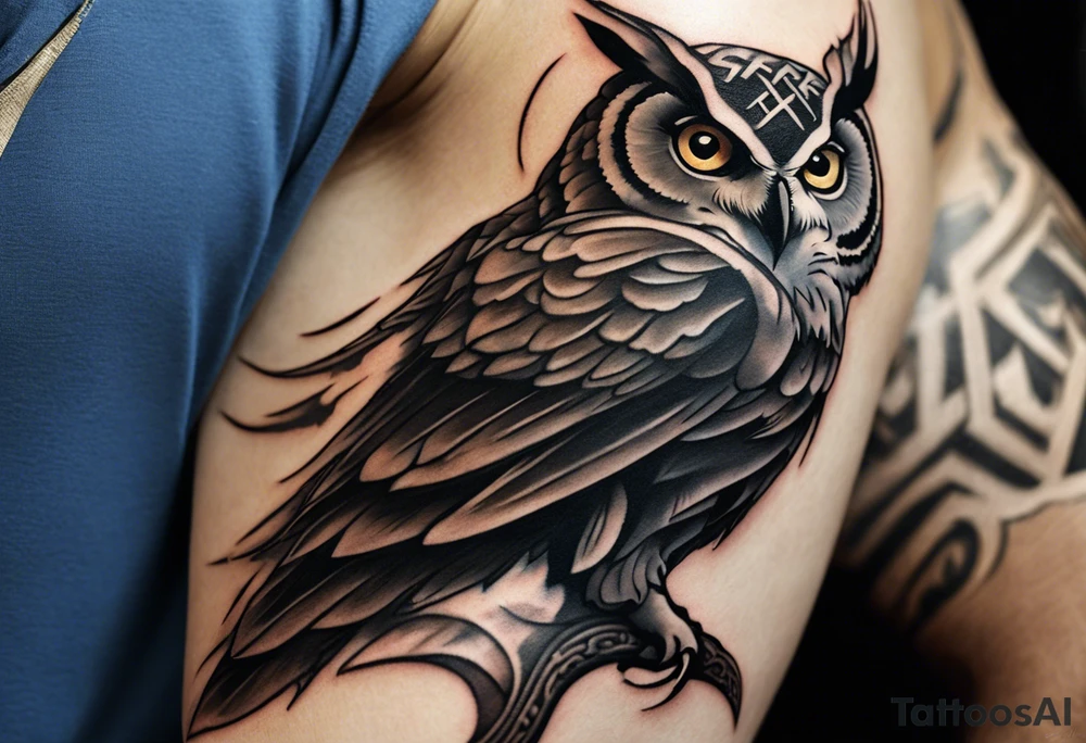 Realistic Closeup Tattoo: A lifelike portrayal of a Greek mythological figure, depicted with classic or heroic attributes and detailed in a majestic, powerful stance. The character is surrounded by subtle elements related to their symbolism (like lightning, an owl, or a trident), creating a connection to their mythological story. The figure is detailed and lifelike, embodying qualities such as strength, wisdom, or courage. Style: Realism tattoo idea