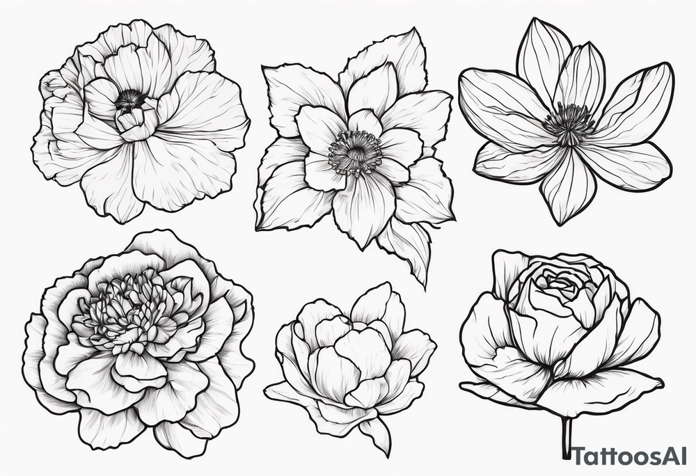 8 flowers:carnation daffodil rose peony daphnee dahlia desiree daisy tattoo idea