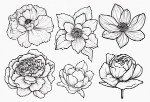 8 flowers:carnation daffodil rose peony daphnee dahlia desiree daisy tattoo idea