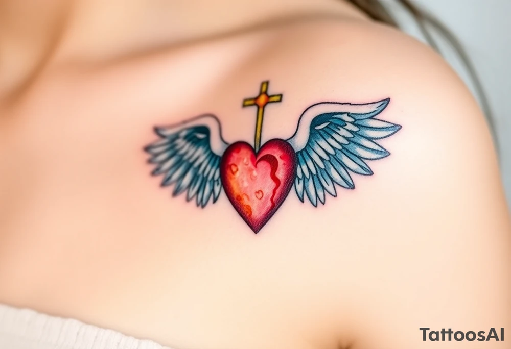 dainty catholic sacred heart with angel wings tattoo idea