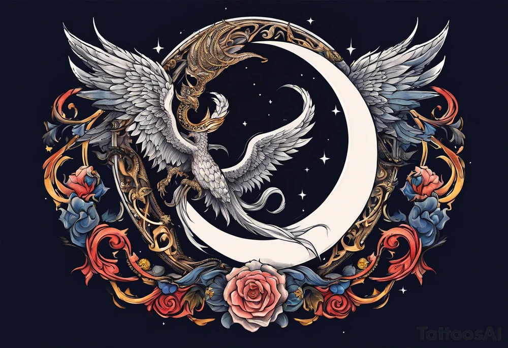 Devil in form of half snake half male angel surround the moon in the night sky tattoo idea