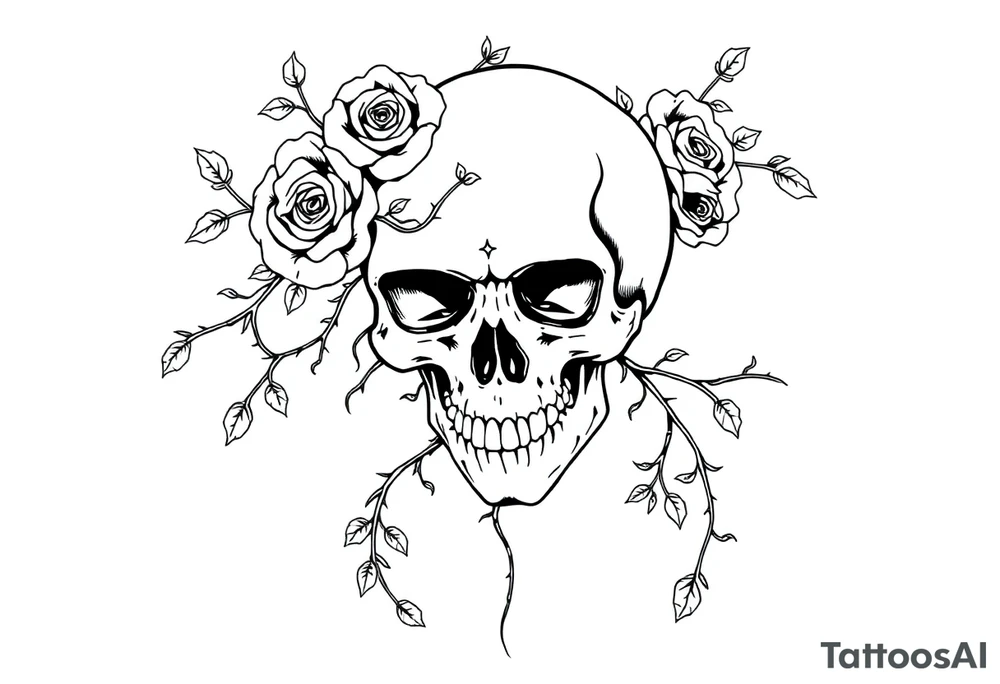 gothic skull intertwined with climbing roses and thorny vines surreal tattoo idea