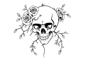 gothic skull intertwined with climbing roses and thorny vines surreal tattoo idea