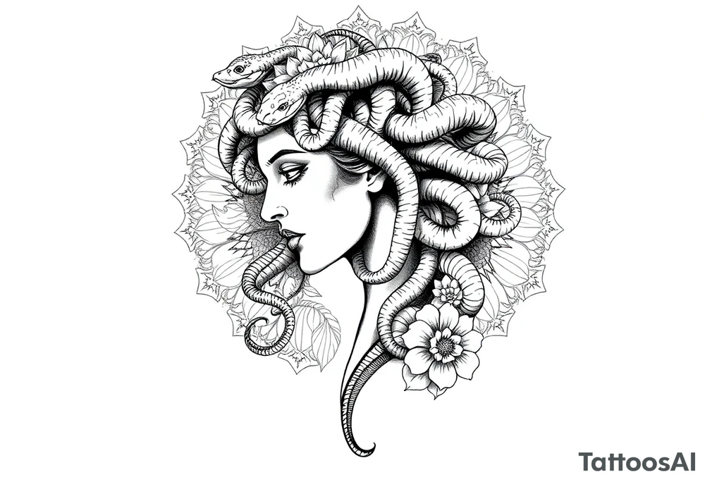 Side portrait of Medusa with snake heads, flowers and mandala background tattoo idea