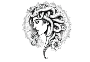 Side portrait of Medusa with snake heads, flowers and mandala background tattoo idea
