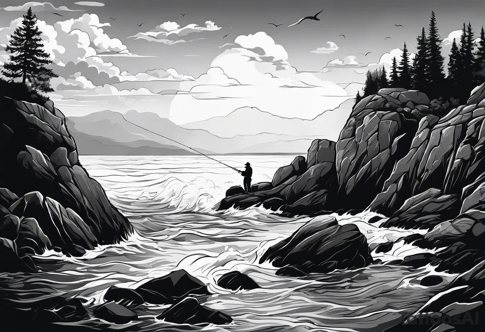 man fishing on a rocky beach silhouette tattoo idea