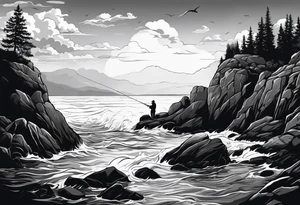 man fishing on a rocky beach silhouette tattoo idea