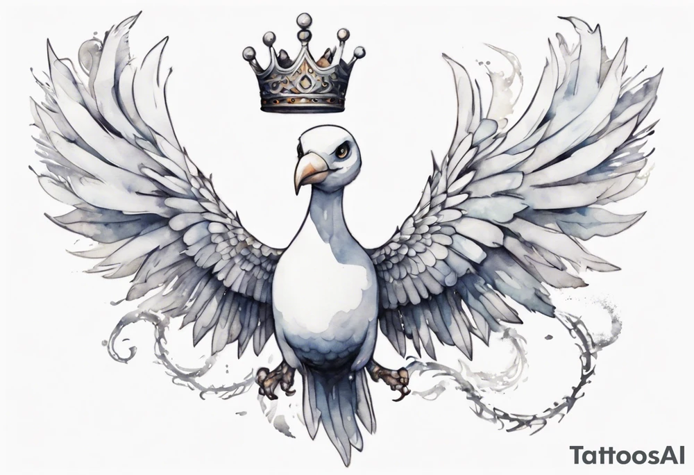 a white bird-serpent hybrid, wearing a small crown, flying in the air tattoo idea