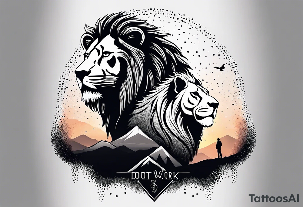 a father and son in the mountains with  a waterfall and cross in the background and a sunset designed into the shape of a lion head tattoo idea
