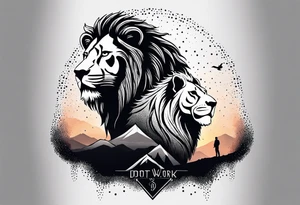 a father and son in the mountains with  a waterfall and cross in the background and a sunset designed into the shape of a lion head tattoo idea