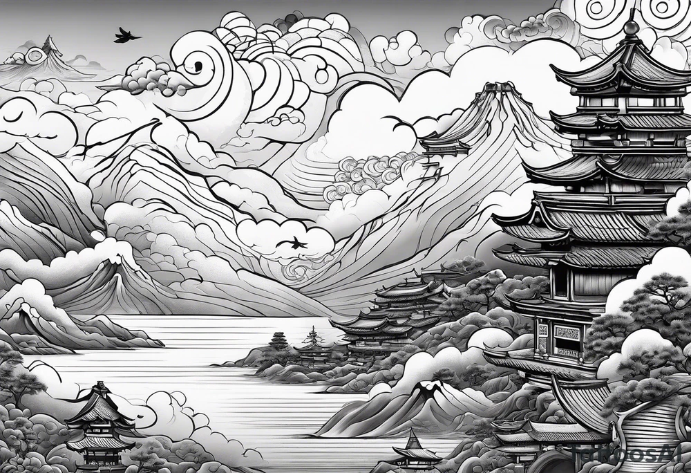 samurai flies among the clouds. beneath it is the ocean and mountains. next to him is war and love tattoo idea