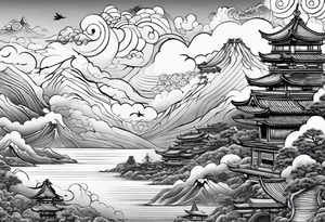 samurai flies among the clouds. beneath it is the ocean and mountains. next to him is war and love tattoo idea