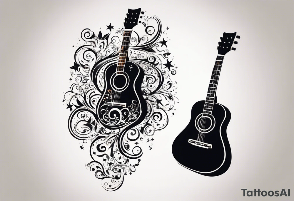 A tattoo featuring an intricate design where the body of a guitar is filled with elaborate swirls and floral patterns. The design is symmetrical with a blend of various curls and loops emanating from the center of the guitar, creating a decorative, ornate appearance. The guitar's neck and headstock are sleek and extend upwards, surrounded by small music notes and stars scattered around it, adding to the musical theme. The entire tattoo has a sense of movement and rhythm, as if the music is flowing from the strings. The tattoo is monochromatic, using shades of black and gray to give depth and contrast. tattoo idea