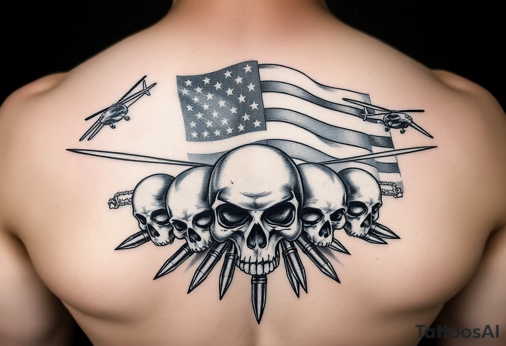 American Flag, helicopters, bullets, skulls tattoo idea