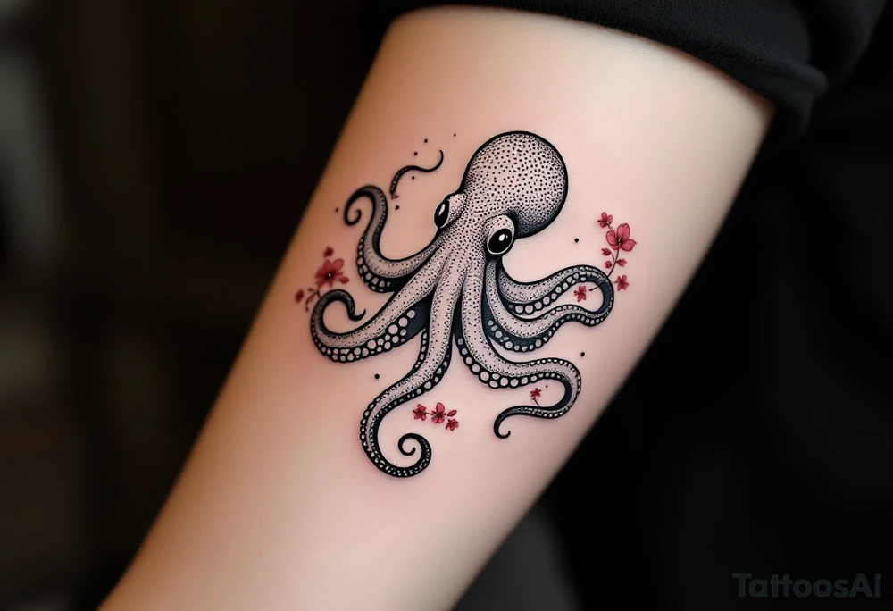 A small realistic black and grey tattoo of an octopus, cute, with detailed shading and soft linework, showing the octopus with swirling tentacles, on light skin. ornamental flowers around with red ink. The style is minimalistic and elegant, resembling fine-line tattoo with a shadow tattoo idea