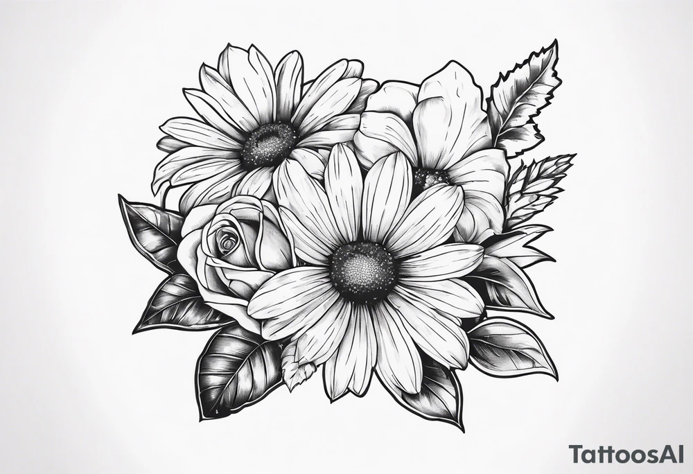 Daisy, rose, holly flower bouquet
All flowers have stems being held by a bow tattoo idea