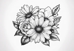 Daisy, rose, holly flower bouquet
All flowers have stems being held by a bow tattoo idea