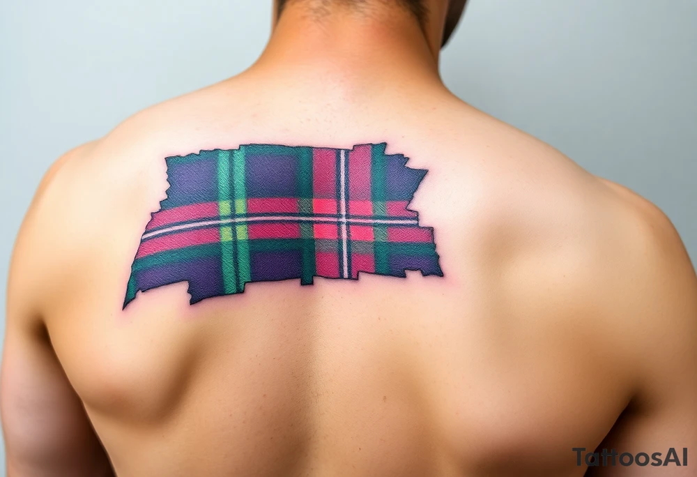 Side of arm Dark Purple with green pink blue and white highlights tartan fabric with skin peeling away at edges tattoo idea
