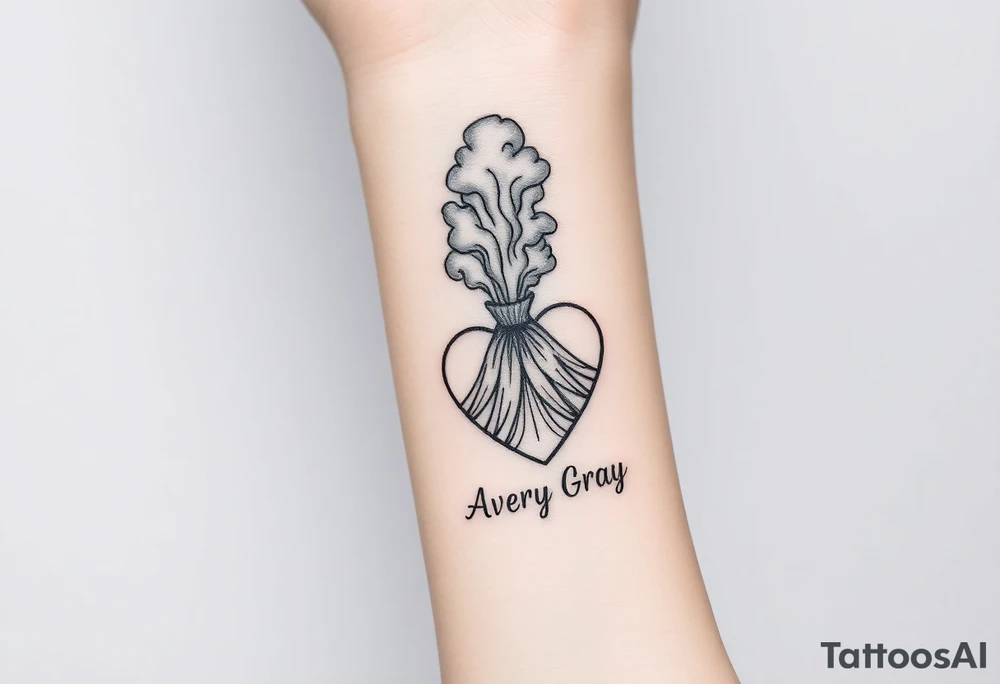 Female Geometric Volcano tattoo erupting in a heart with text Avery Gray on wrist tattoo idea