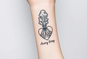 Female Geometric Volcano tattoo erupting in a heart with text Avery Gray on wrist tattoo idea