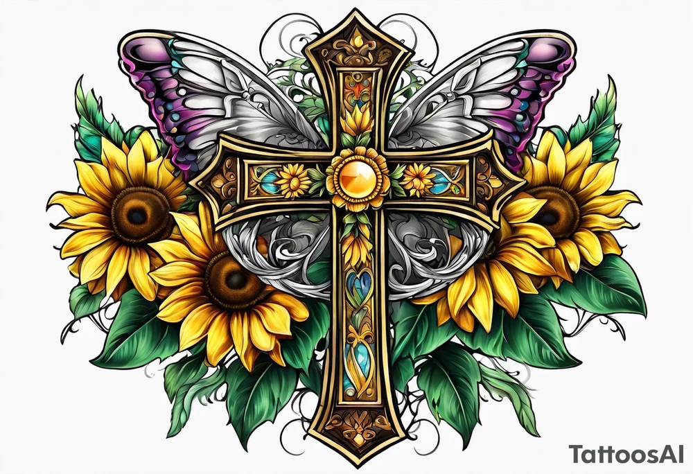 Winged cross with sunflower and butterflies tattoo idea