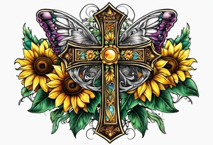 Winged cross with sunflower and butterflies tattoo idea