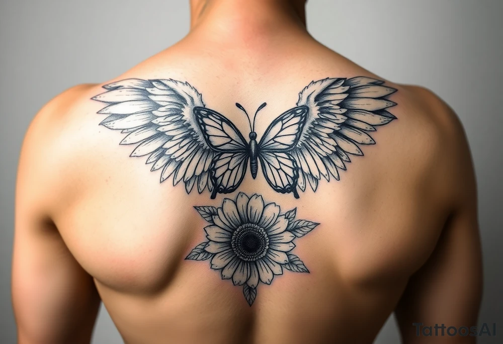 Sleeve with angel girl wings, sunflower and butterfly tattoo idea tattoo idea