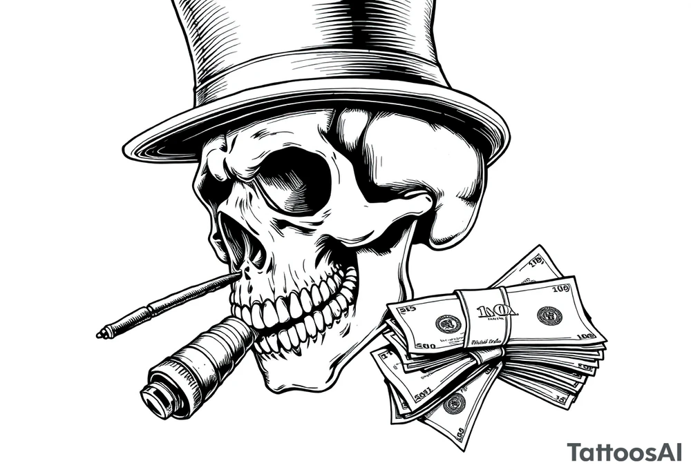 skull with mustache,a big cigar in his mouth,a top-hat on his head and alot of money in a hand. tattoo idea