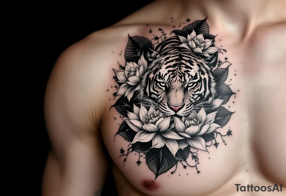 fierce tiger emerging through blooming lotus flowers in mist tattoo idea