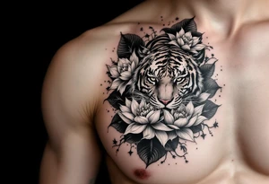 fierce tiger emerging through blooming lotus flowers in mist tattoo idea