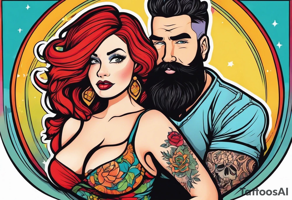 Busty Red haired woman with black haired bearded man tattoo idea