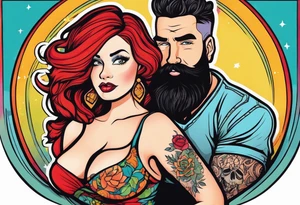 Busty Red haired woman with black haired bearded man tattoo idea