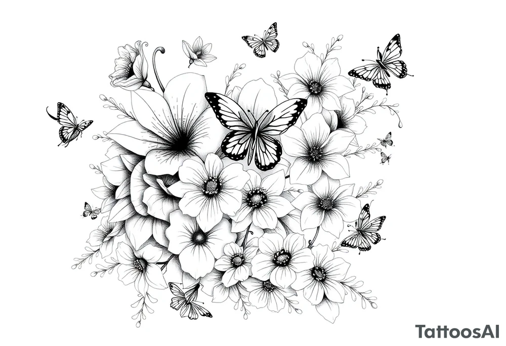 Calia Lily, rose, gadiolus, carnation,Narcissus,poppy, aster, violet ,chrysanthemum, lily of the valley and water lily sleeve on upper arm and shoulder  with butterfly and bumblebees and dragonflies on skin tattoo idea