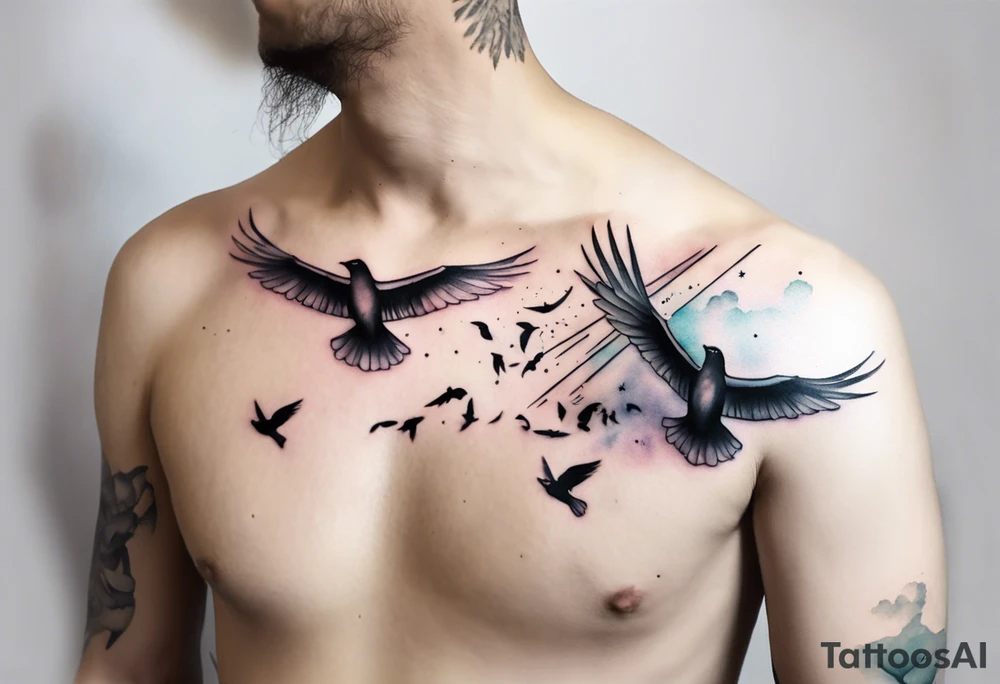 a shoulder tattoo with lots of rays of light in gradient starting from the middle
, clouds and birds flying free tattoo idea