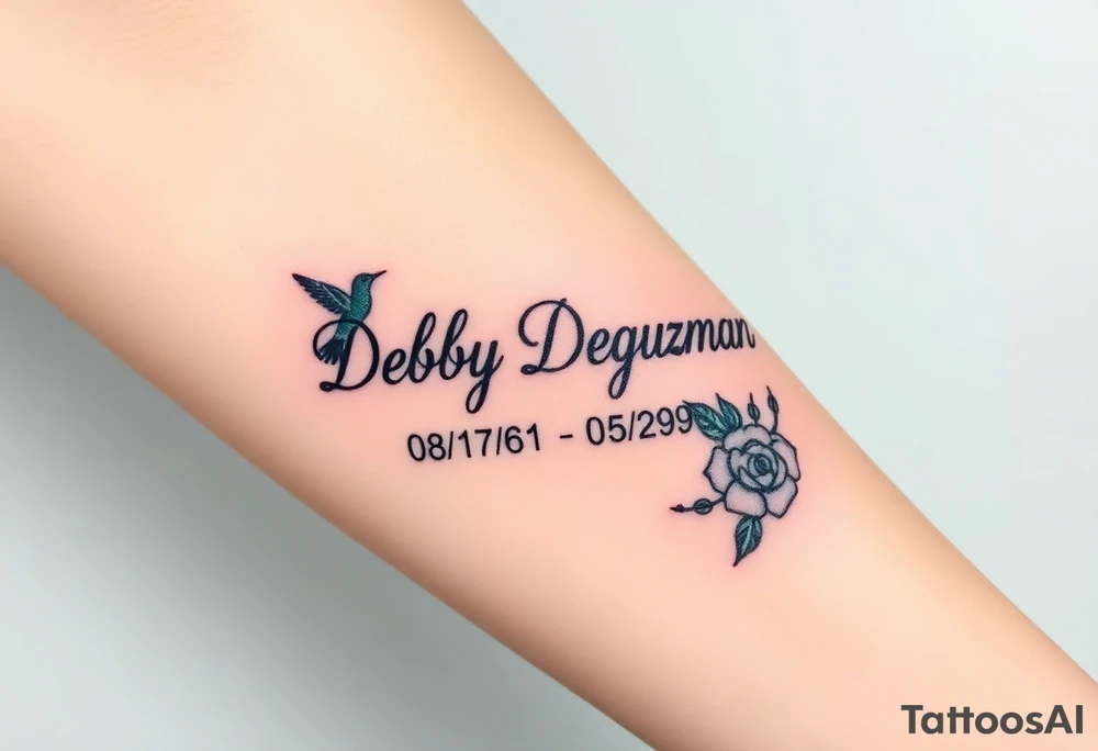 Tattoo of the exact name Debby Deguzman in chunky bold curly cursive with the exact dates of 08/17/61-05/29/25 surrounded by 1 hummingbird and 1 rose tattoo idea