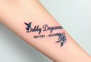 Tattoo of the exact name Debby Deguzman in chunky bold curly cursive with the exact dates of 08/17/61-05/29/25 surrounded by 1 hummingbird and 1 rose tattoo idea