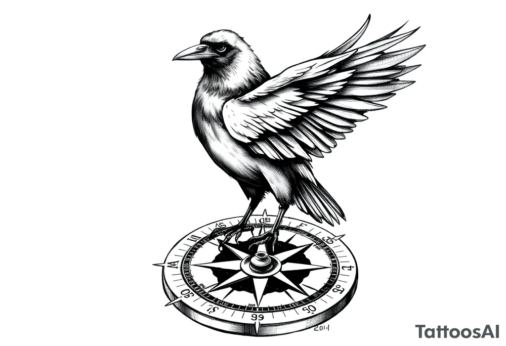 a raven stands on a compass. tattoo idea
