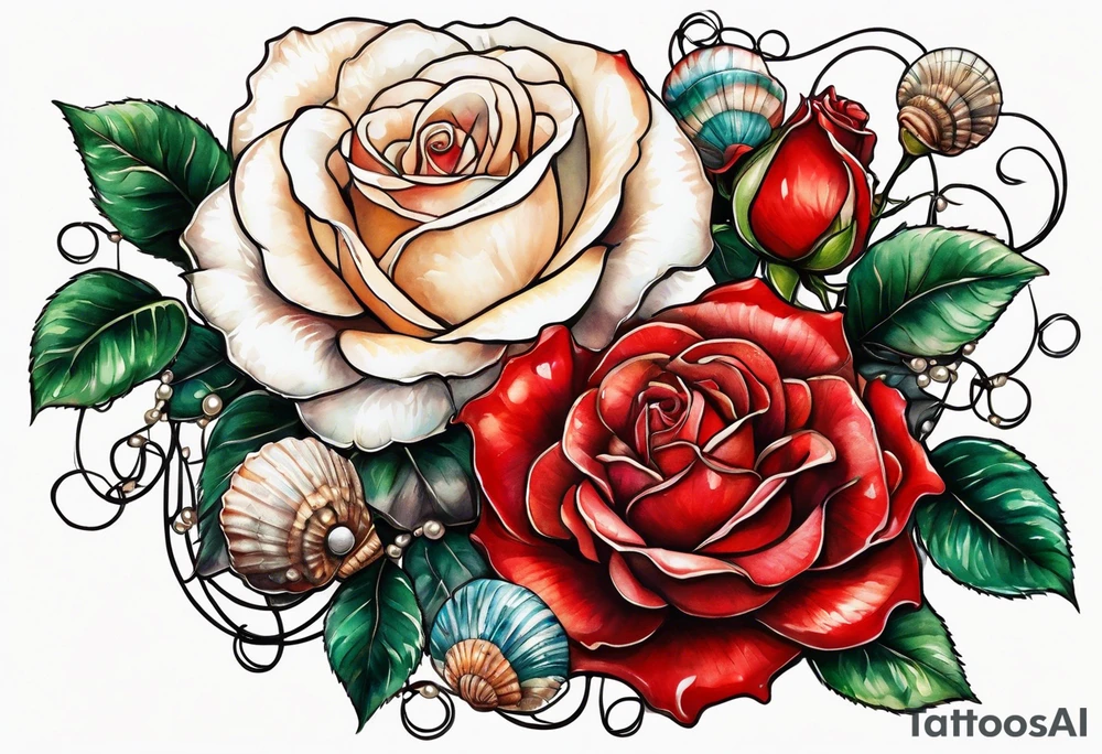 Red roses with a chain of pearls and seashells tattoo idea