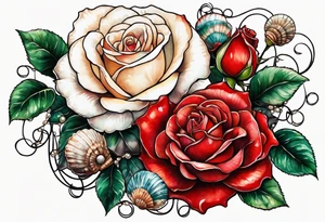 Red roses with a chain of pearls and seashells tattoo idea