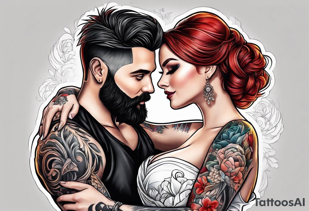 Busty red haired woman with a bearded man who has black hair getting married tattoo idea