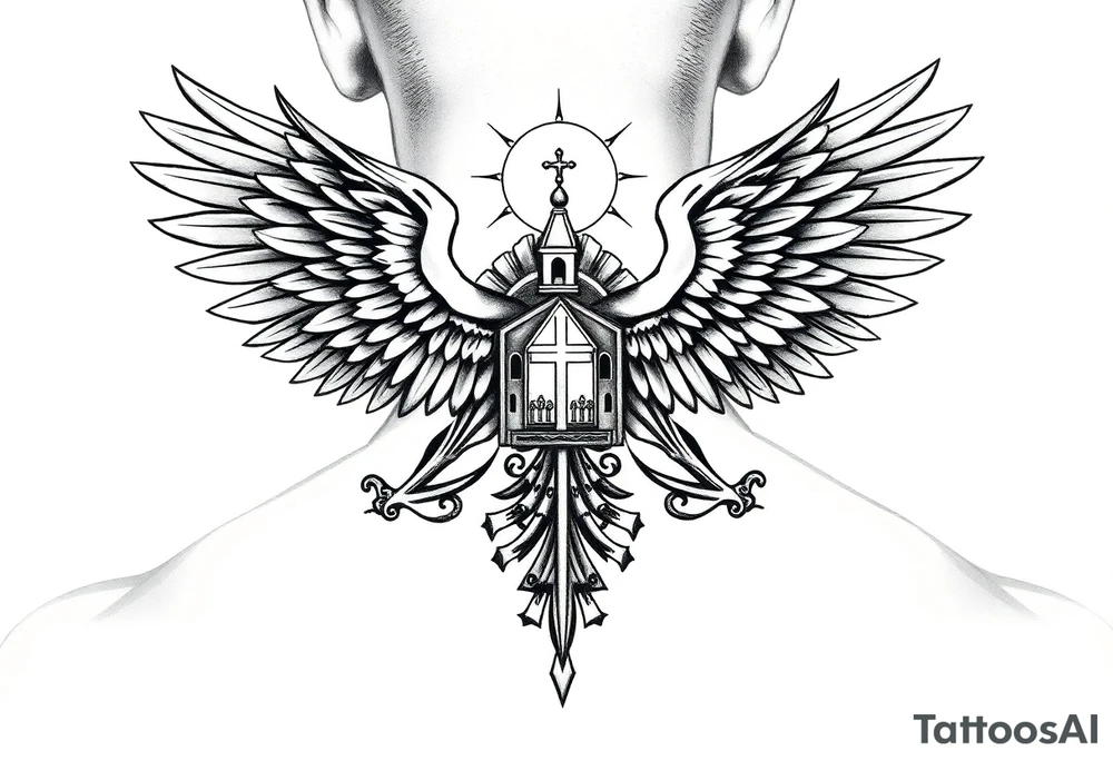 russian coat of arms with the eagles wings spanning out on my back neck across my shoulders / traps with a orthodox christian church being visible in a mountainous sun beaming setting, with the russian orthodox cross spire of the orthodox church being visible on my neck with a sun beaming in the background that the cross sits inside tattoo idea