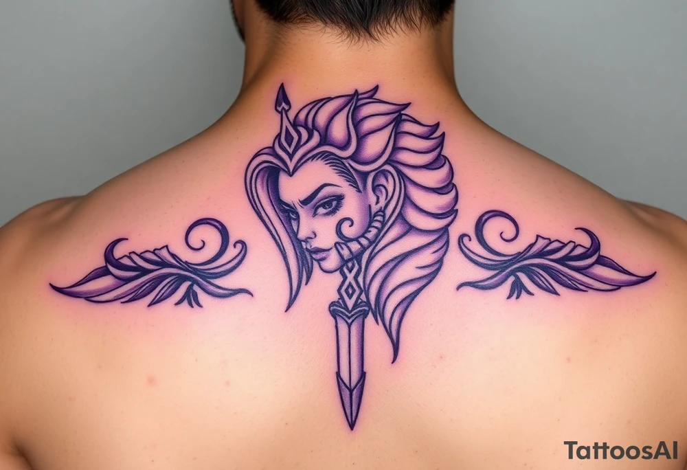 carabela con corona y con un cuchillo atrvesado, purple tattoo idea