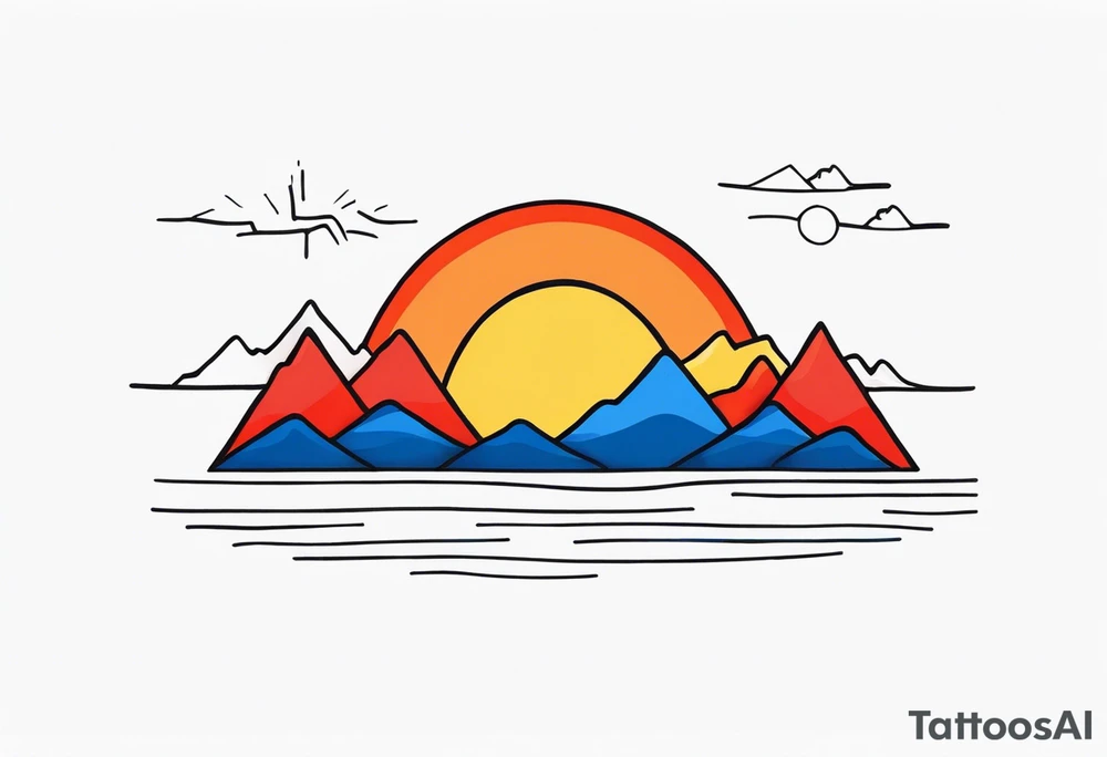 a simple red, blue, orange, and yellow sun w/ mountains tattoo idea